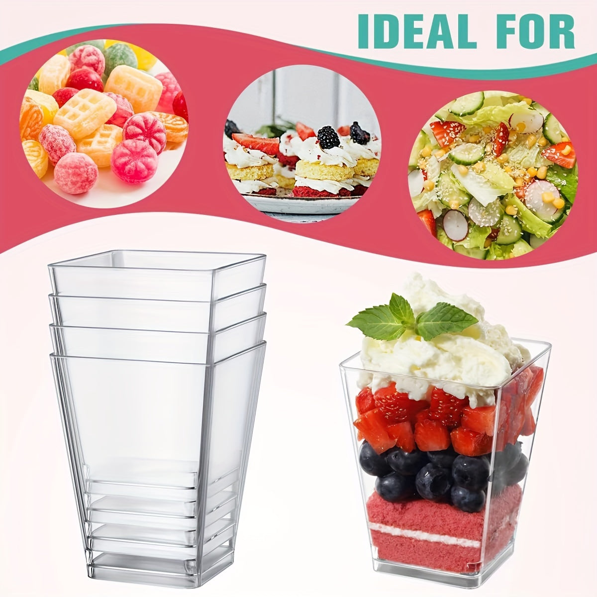 50 pieces of 5-ounce plastic dessert cups, small clear square disposable cups for party, wedding, outdoor events. Perfect for serving yogurt, pastries, appetizers, fruits, and pudding.