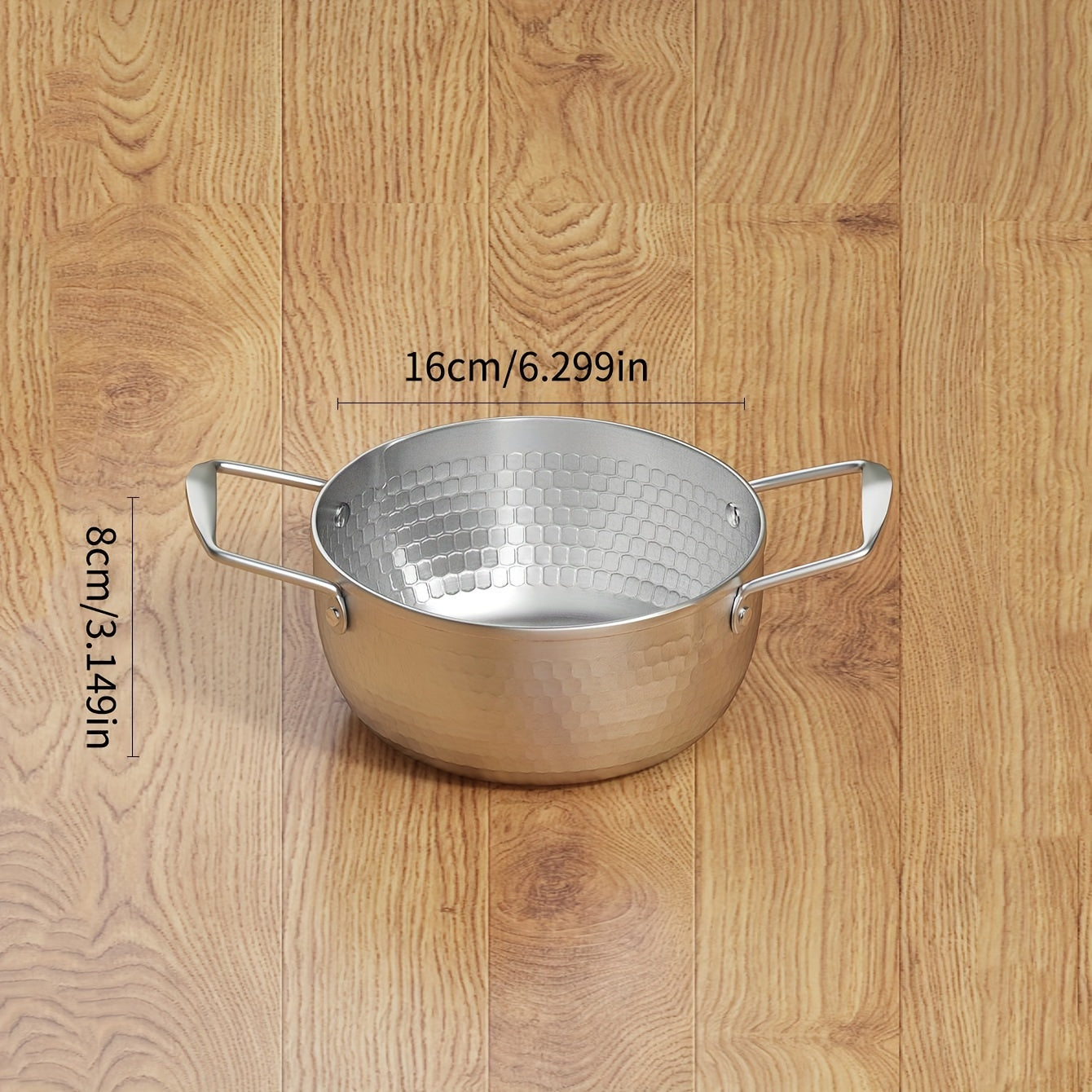 A stainless steel soup pot with two handles for home use, perfect for cooking instant noodles and boiling milk on a gas stove, in a shiny silver color.