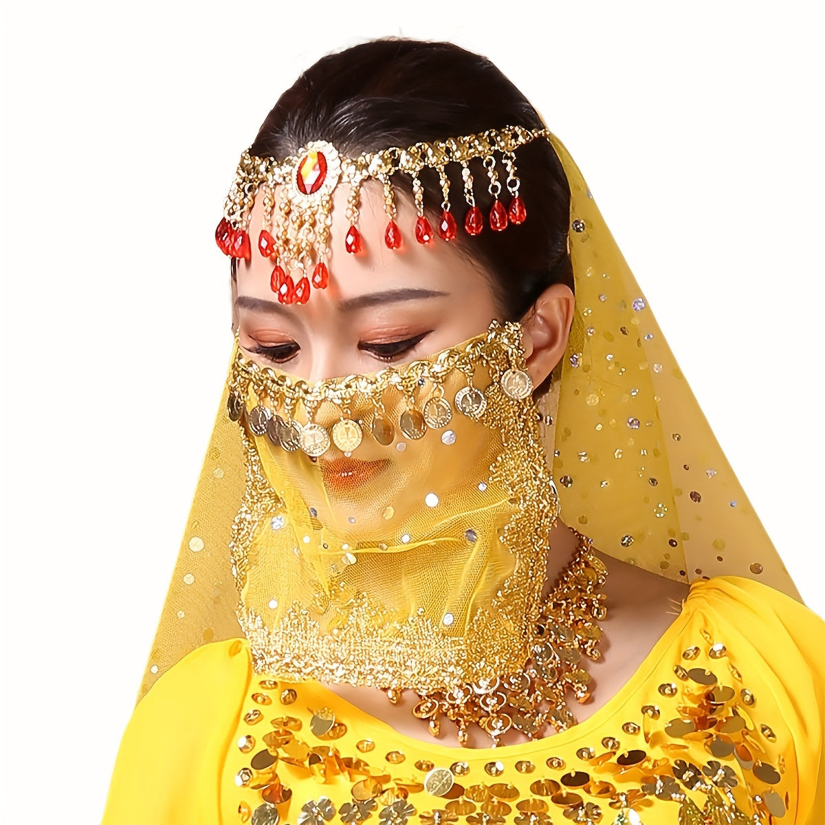 Women's Belly Dance Coin Face Covering Veil for Exotic Western Cosplay Dance Performance