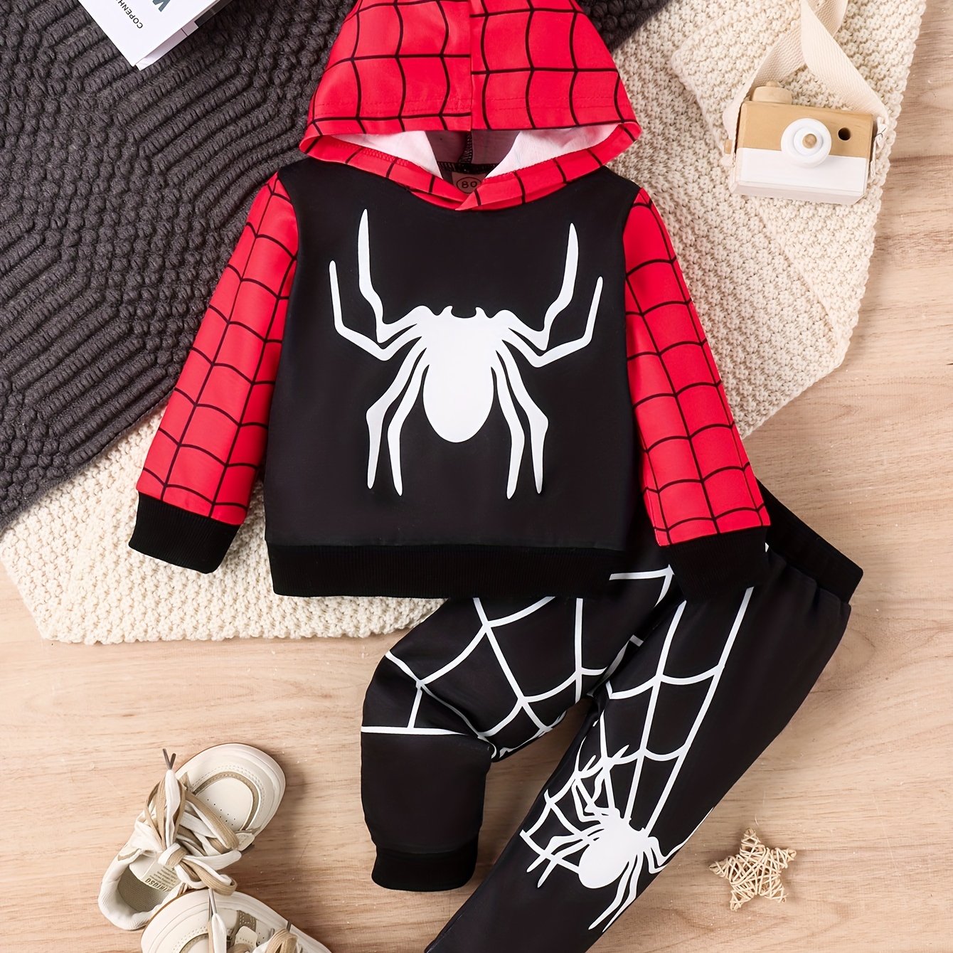 Boy's Spider Print Hooded Outfit Set, Web Pattern, Kid's Spring/Fall Clothes, 2pcs