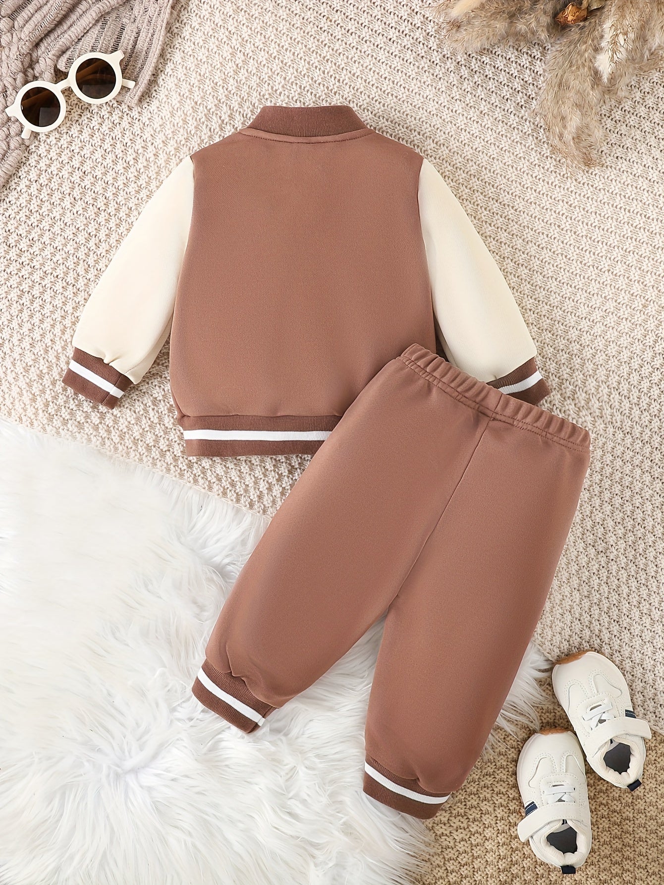 Infant boys' casual outfits for fall/winter: trendy baseball coat and pants set.