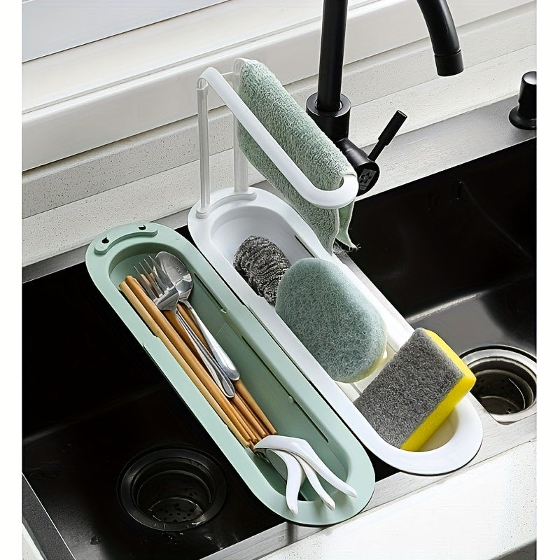 Durable plastic kitchen sink organizer with adjustable over sink dish drying rack and drainage basket. No assembly required for convenient storage of sponge, soap, and cloths. Multi-functional design.