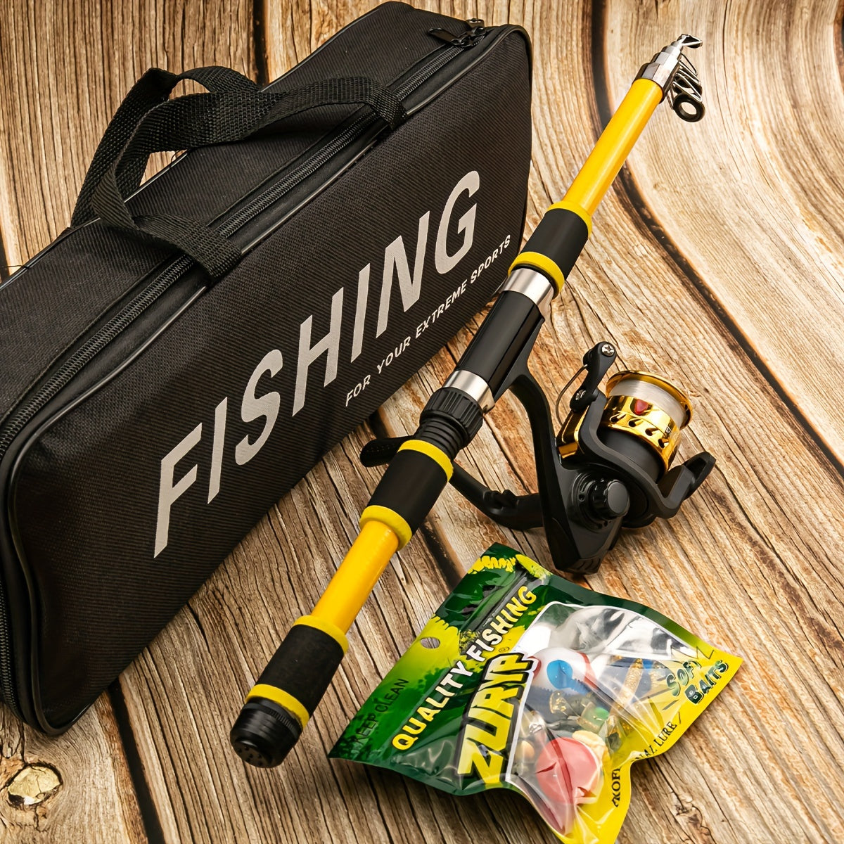 Compact fishing kit includes telescopic rod, pre-spooled reel, soft bait set, and carry case. Medium fast action, glass steel design suitable for various fishing locations. Great gift idea