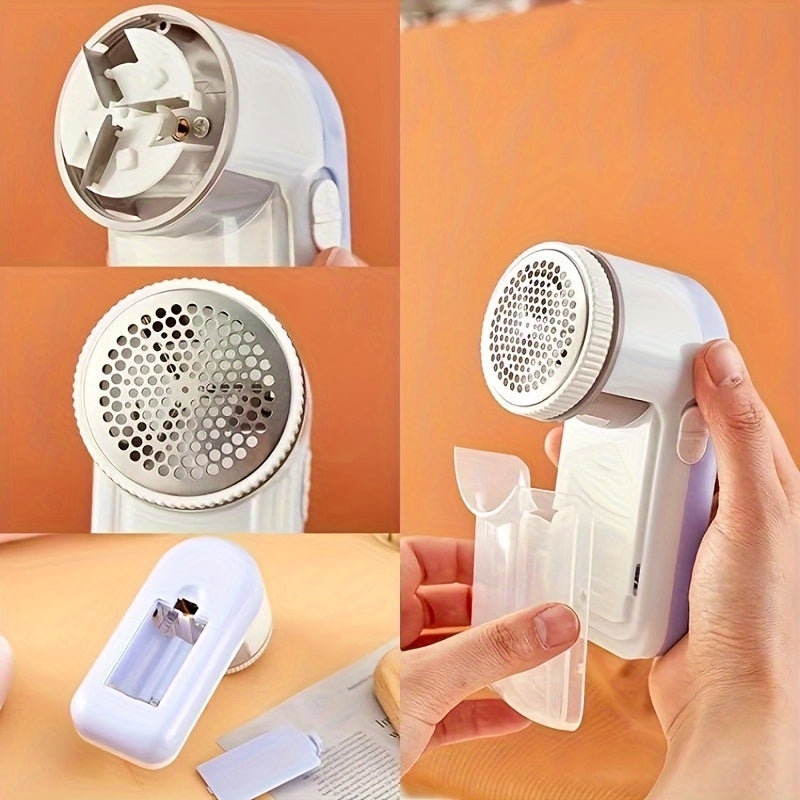 Fabric shaver, also known as electric lint remover, for removing lint, fuzz, and pilling from clothes, bedding, furniture, and carpet. Battery-operated and portable.