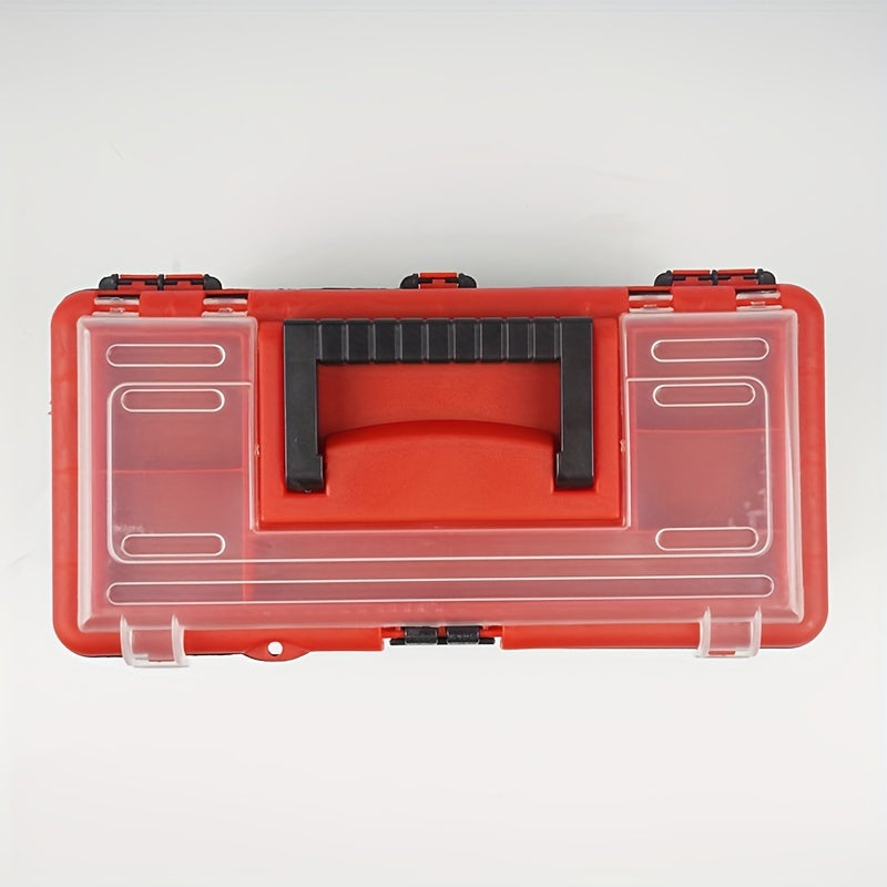 12-inch portable toolbox with top compartment, suitable for car repairs, electricians, and home use. Made of plastic, with screw storage and hand-carry feature.