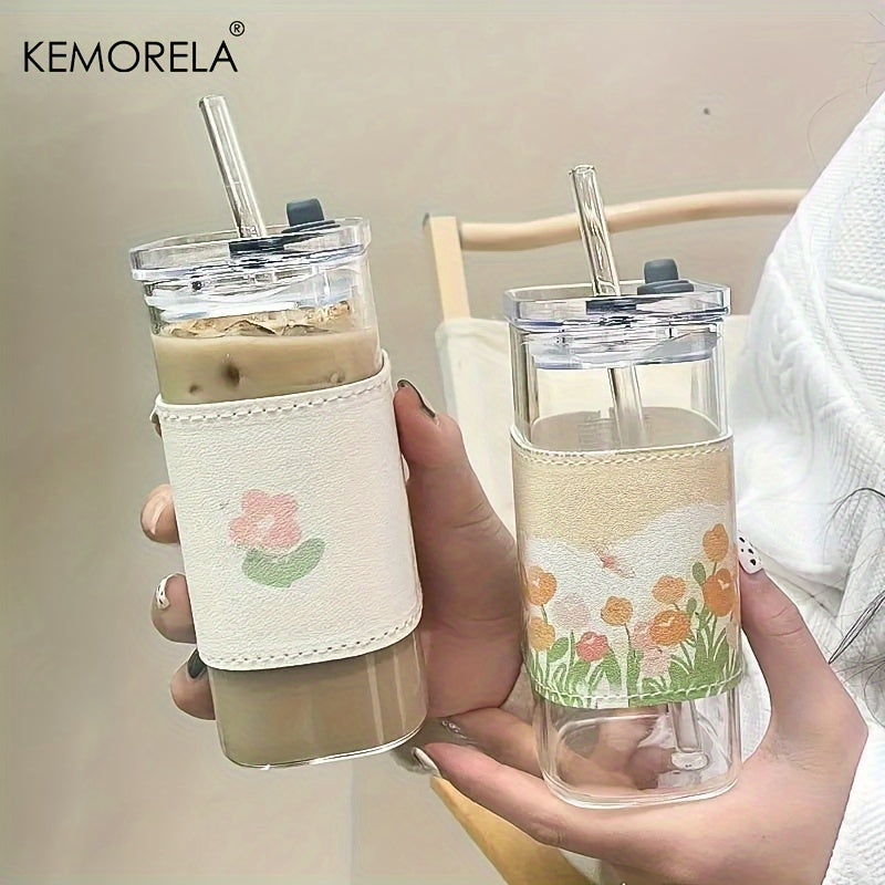 KEMORELA 4/6pcs 380ml/12oz Portable Drinking Cup - Rectangular Heat-Resistant Glass Mug with Lid and Straw - Durable and Versatile for Hot or Cold Beverages, Single-Piece Packaging, Perfect for On-The-Go.