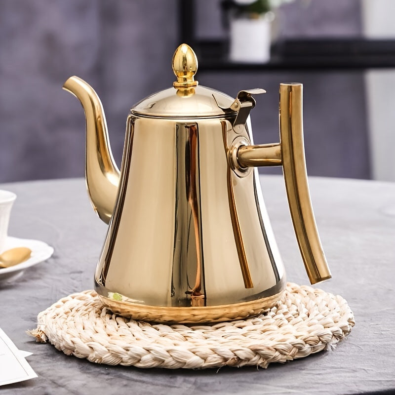 A versatile tea and coffee set featuring a stainless steel teapot with a removable infuser, a golden teapot with a filter, and a coffee pot with a filter. This Middle Eastern gift tea set comes in a beautiful gift box, making it perfect for use at home