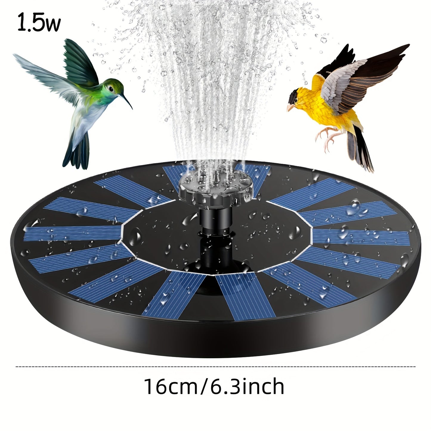 Solar-powered floating bird bath fountain pump for garden, pond, and pool.