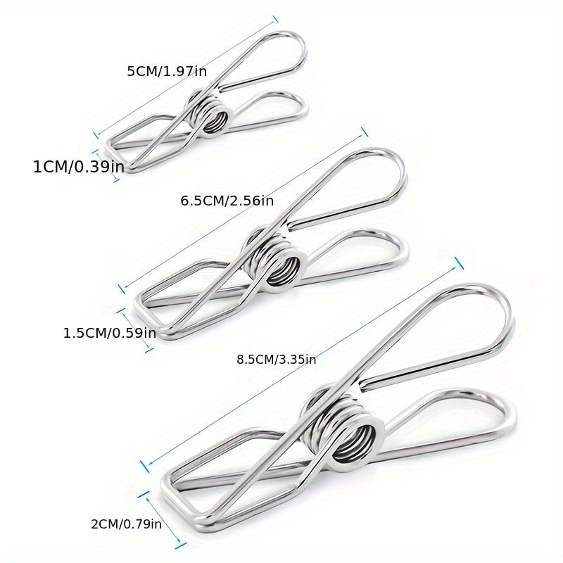 This listing offers a variety of stainless steel wire clips in pack sizes of 10 or 20. The clips come in large, medium, and small sizes, making them versatile for various uses. These durable clothes clips are multifunctional and practical for laundry and