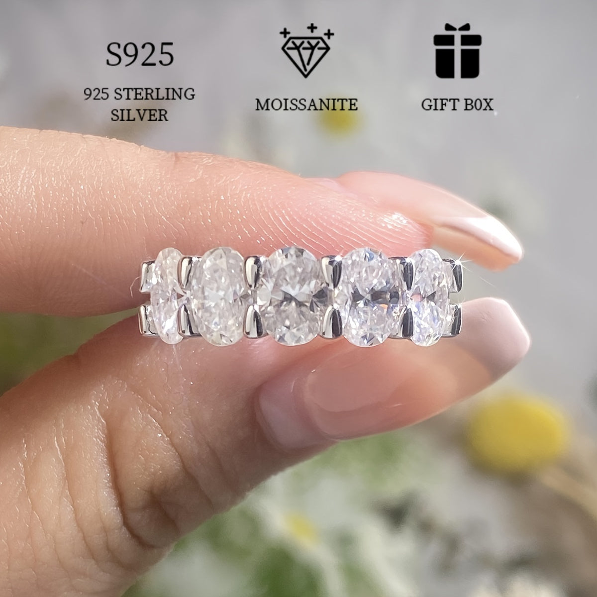 5 Egg Shaped Moissanite Ring in 6g of S925 Sterling Silver, Hypoallergenic, Total 2.5-5ct. Exquisite and Elegant, perfect for Valentine's Day Engagement/Wedding Gift for Women. Comes with a Bonus Moissanite Certificate in an Exquisite Gift Box.