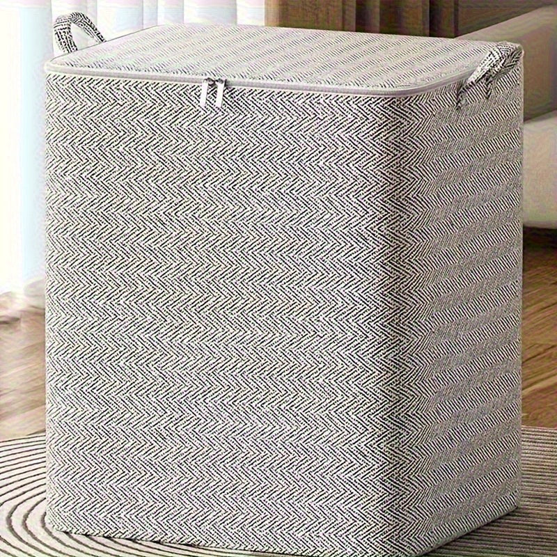 High-capacity modern fabric storage box in herringbone pattern, featuring waterproof and moisture-resistant properties. This rectangular organizer comes with a zipper closure and carry handles, ideal for use in the home, bedroom, closet, and as an