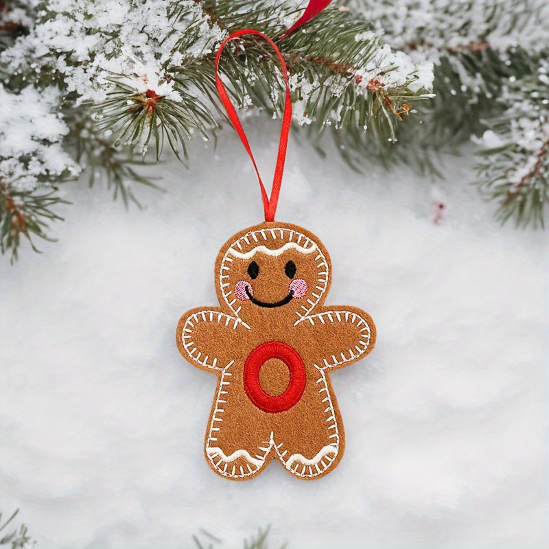 Embroidered gingerbread man ornament for Christmas decoration, made of fabric material. Classic style and no power required. Perfect for home and kitchen use.