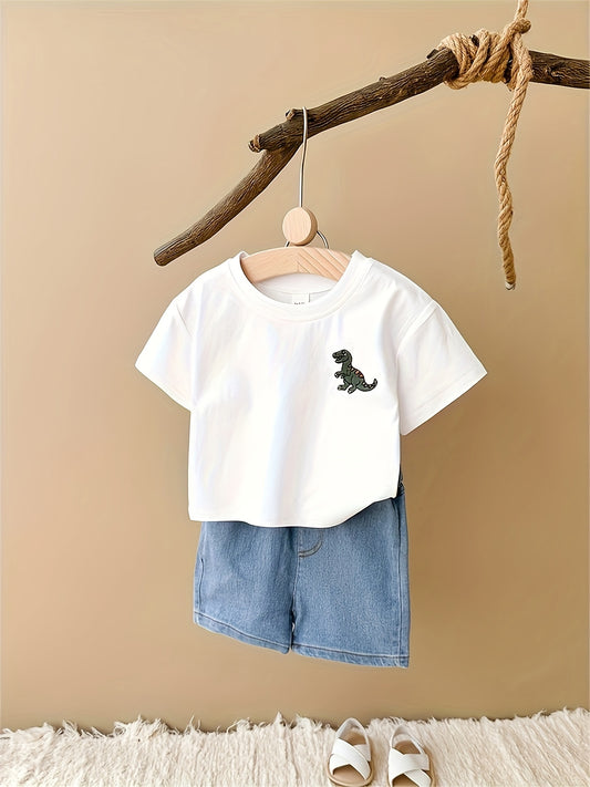 Newborn Children's Cute Cartoon Dinosaur Embroidery T-shirt and Shorts Set, Perfect for Summer Outdoor Wear