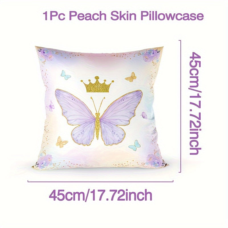 Chic pink and purple butterfly pillow cover made of soft peach skin polyester with zip closure, ideal for living room, bedroom, and party decor.