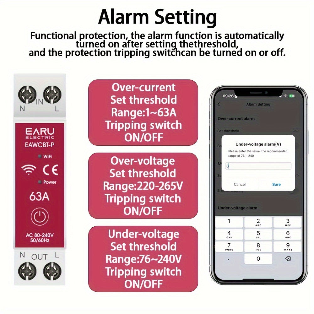 Smart WiFi Circuit Breaker with Voice Control - 63A, Energy Metering, Overload Protection, App Control, Alexa & Google Assistant Compatible - EARUELETRIC