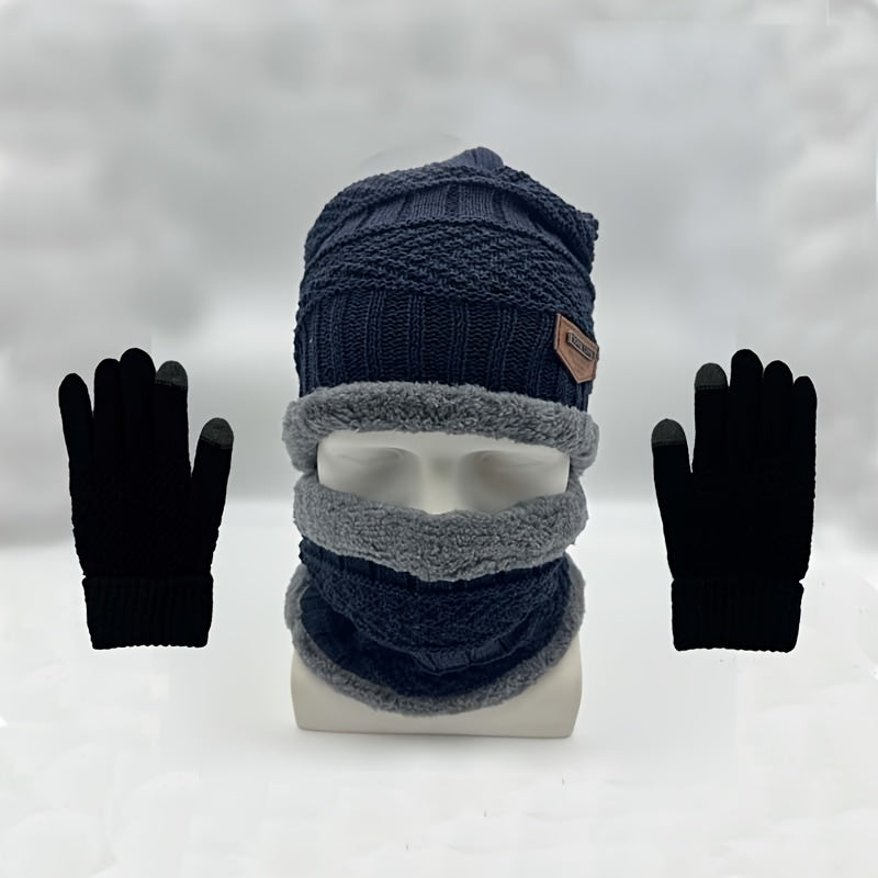 Three-Piece Set of Men's Cozy Knit Hat, Scarf, and Gloves - Featuring Thick Fleece Lining for Warmth. Includes Letter Patch Style Hat, Faux Sheepskin Scarf, and Full Finger Gloves for Winter.