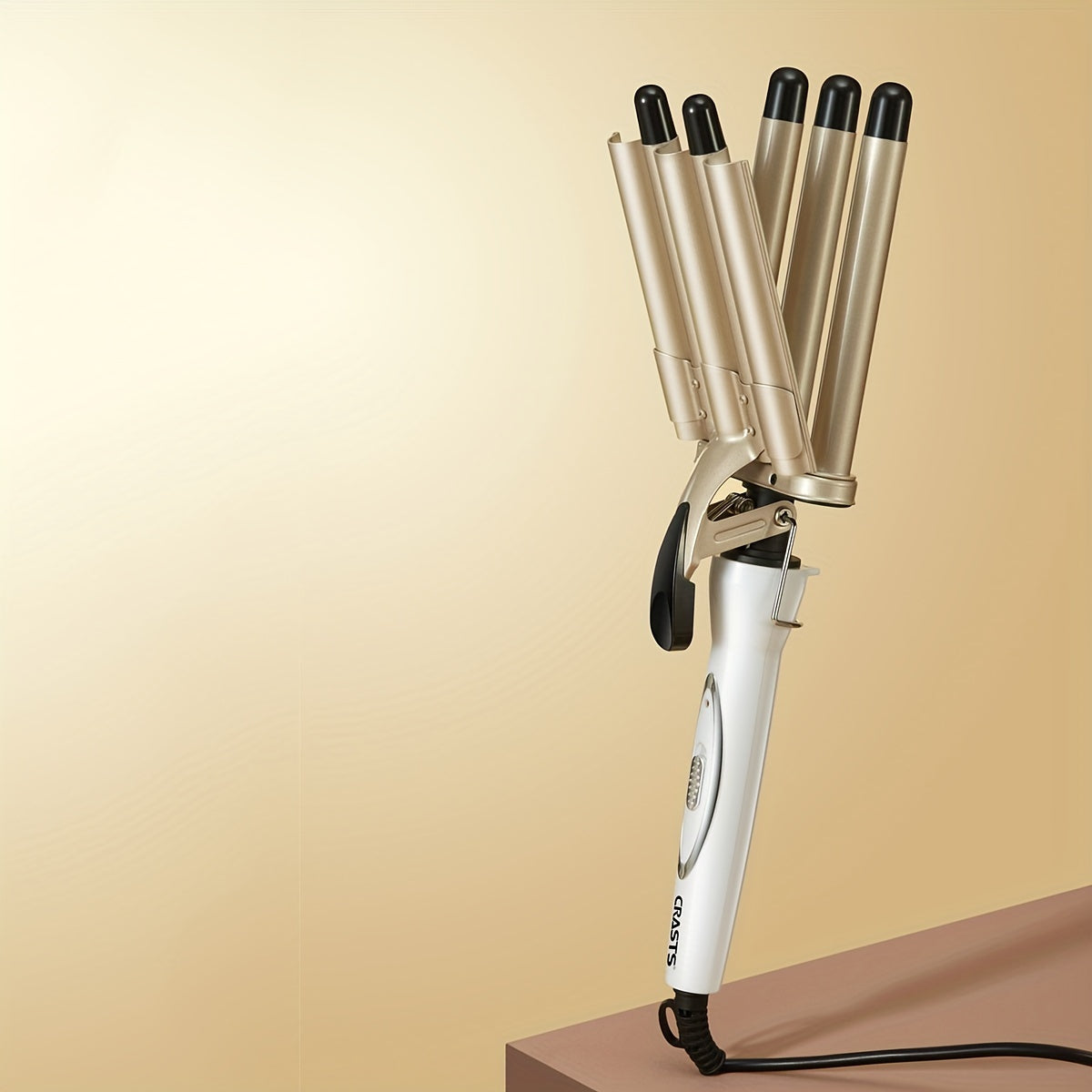 Wavy hair curling iron with temperature control and large barrel for creating water ripple waves and egg roll curls.