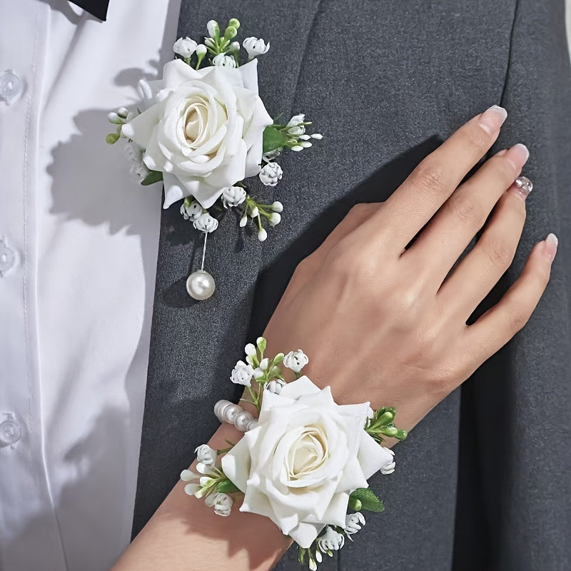 Bridal party accessories such as wrist and chest flowers resembling roses, suitable for bridesmaids, sisters, groomsmen, bride and groom, along with forest-inspired wrist flowers for a unique touch.