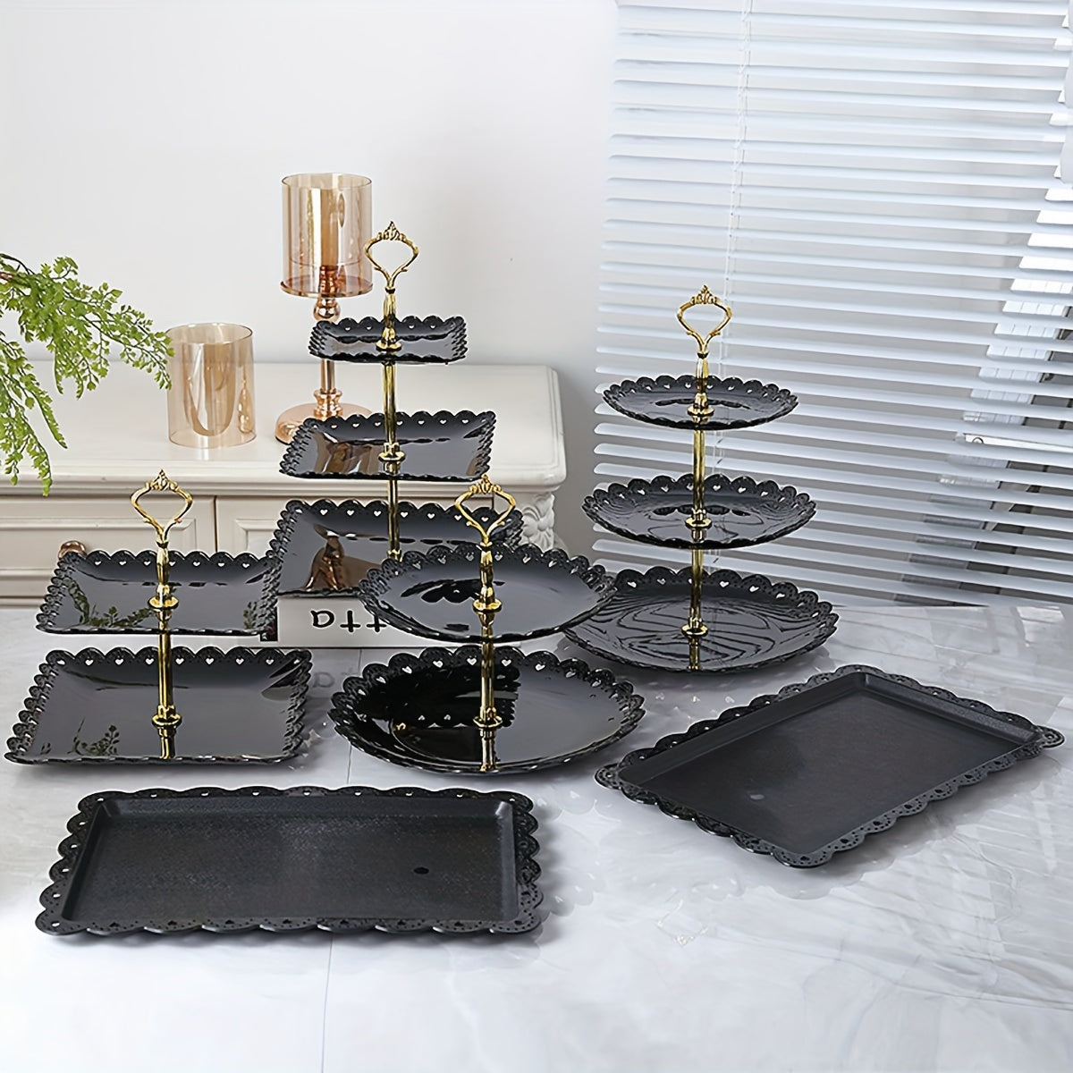 6pc, 3-tier Cupcake Holders Set in white/black for tea ceremonies, weddings, receptions, and buffets.