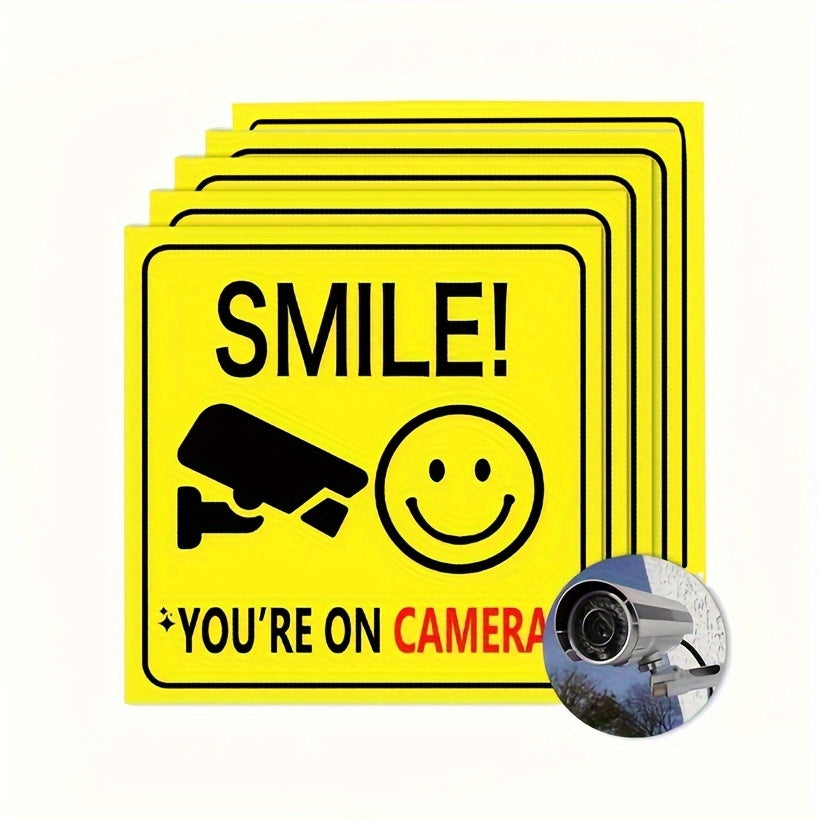 Set of 5 or 10 Smile You're On Camera window stickers for polite video surveillance security. Suitable for home, business, yard, driveway home decor.