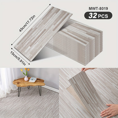 32 peel and paste floor tiles with wood grain design, 45cmx15cm, self-adhesive, waterproof, suitable for bedroom and home decor.