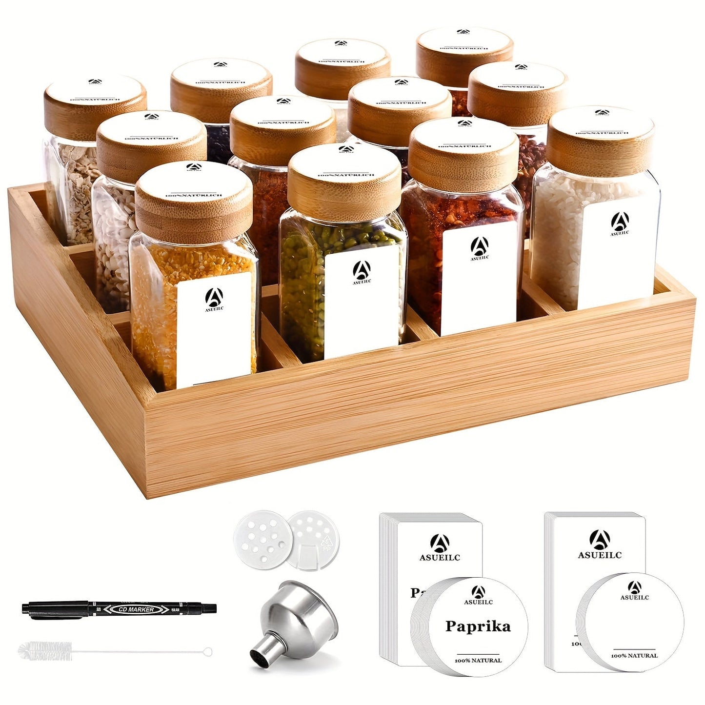 The spice rack includes either 12 or 24 jars with bamboo lids, as well as a bamboo drawer organizer complete with attached waterproof adhesive labels specifically designed for English herbs, spices, and condiments for convenient and easy access.