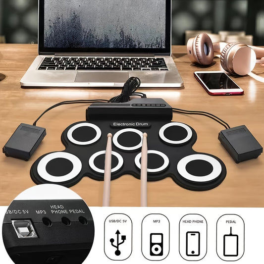 Compact and portable electronic drum kit for beginners, features USB MIDI, headphone jack, built-in metronome, and battery power. Ideal for drum practice and includes basic functions.