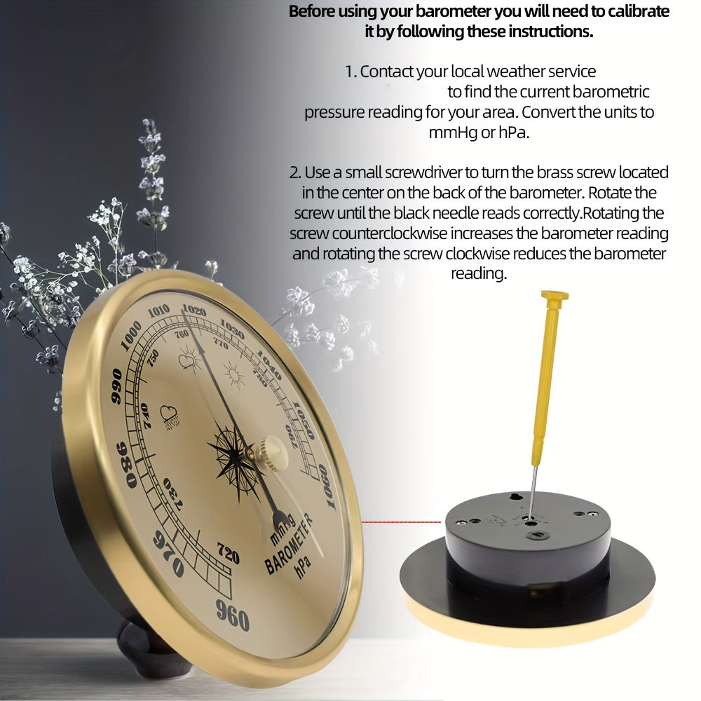 Classic wall-mounted barometer with pressure gauge and mercury-free metal thermometer, no battery needed.