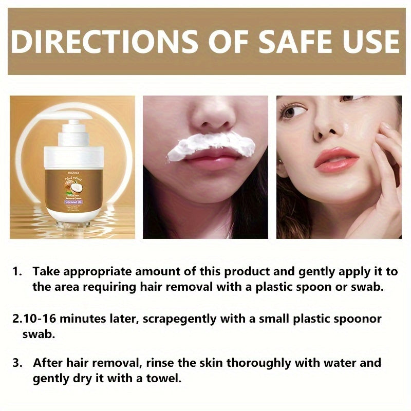 Coconut Hair Removal Cream for Women, effective on lips, legs, arms, and armpits. Quick and gentle, suitable for all skin types.