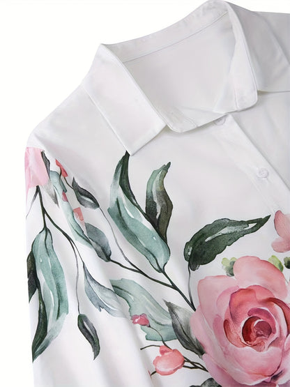 Women's plus size long sleeve shirt with casual floral lapel collar in 100% polyester non-stretch fabric featuring an all seasons floral pattern.