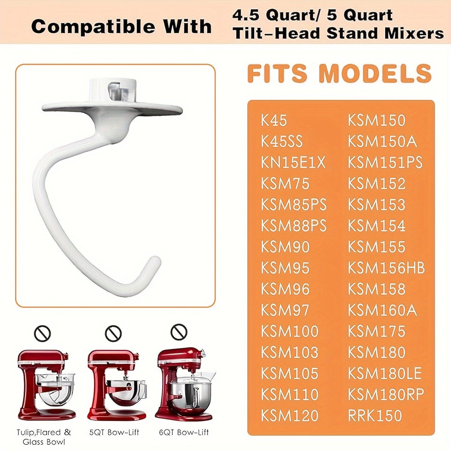 Includes a 4.5/5 Quart Wire Whip, Coated Hook, Flat Coated Beater, and Flex Edge Beater designed for Tilt-Head Stand Mixers. Features an All-Metal Die Cast Flat Beater Paddle with Flexible Silicone Edges for Bowl Scraping. Also includes a Flour Cake