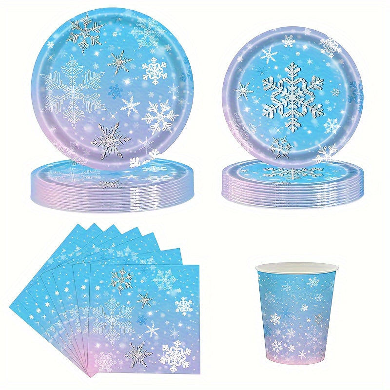 Frozen themed party tableware for 10 guests, including snowflake plates, cups, napkins, and dinnerware set. Perfect for a holiday birthday party or Christmas winter wonderland celebration. Ideal for Frozen birthday party decorations.