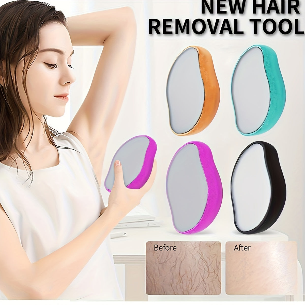 Painless hair removal for women with waterproof crystal glass epilator in white, pink, and black, ideal for smooth skin.