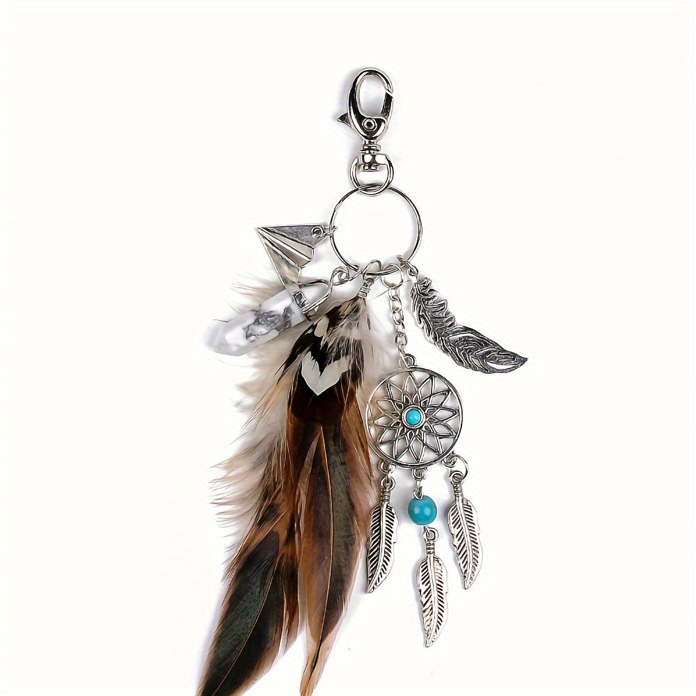 Black Metal Feather & Tassel Charm Boho Dream Catcher Keychain for Bags and Keys - Ideal Valentine's Day Present, Bag Accessory, or Car Pendant