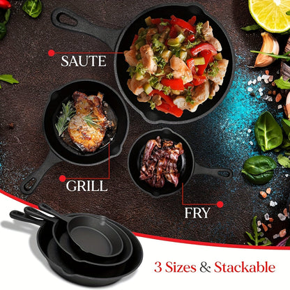 Set of 3 Cast Iron Skillets, Non-Stick Coating, Multi-Purpose Cookware, Features Convenient Pouring Spout, Ideal for Home, Dining establishments, and Hospitality Industry, Suitable for Gas, Electric, Induction, and Oven Cooking.