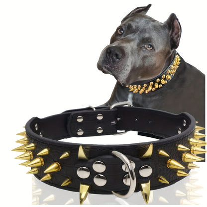 Fashionable leather dog collar with golden sharp spikes, suitable for medium and large dogs.