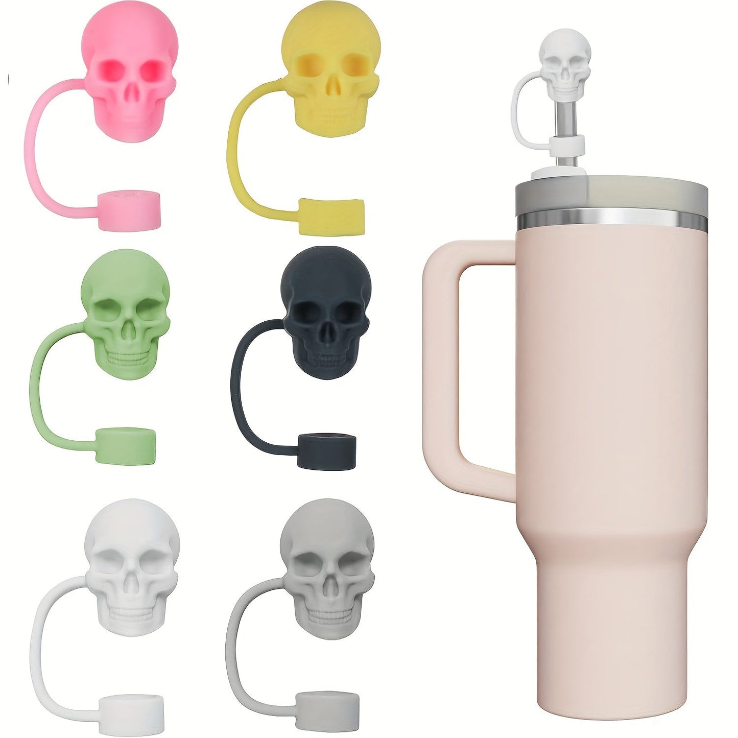 These adorable silicone skull-designed straw caps are designed for Stanley Cups and come in a set of 3/6. Each cap fits 10mm straw heads, is dustproof, and can be reused. They make perfect gifts for Halloween and Christmas.