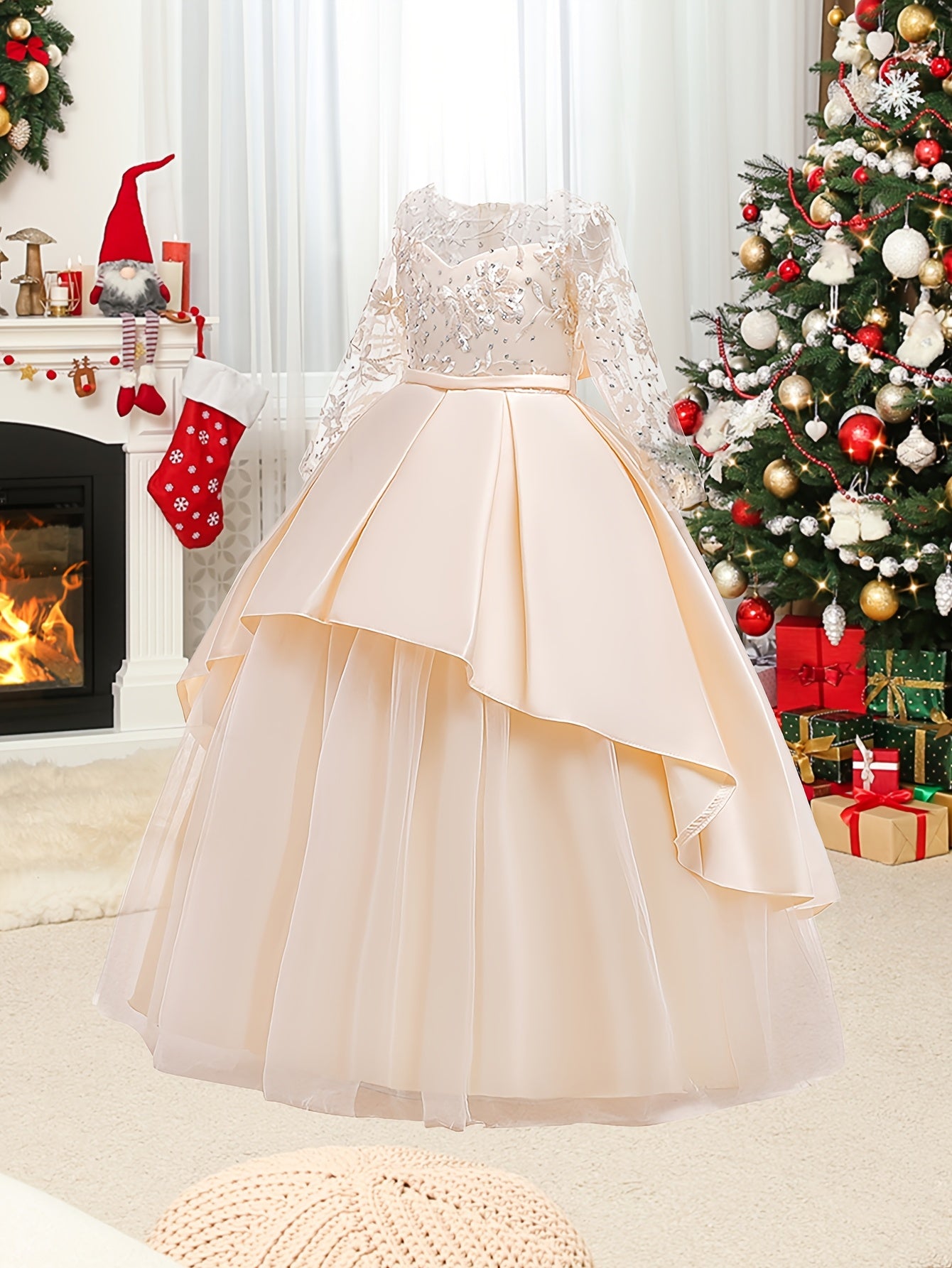 Stylish long sleeve tulle wedding dress with crew neck, polyester viscose fabric, and bow detail. All-season fit and flare costume for a princess-like look.