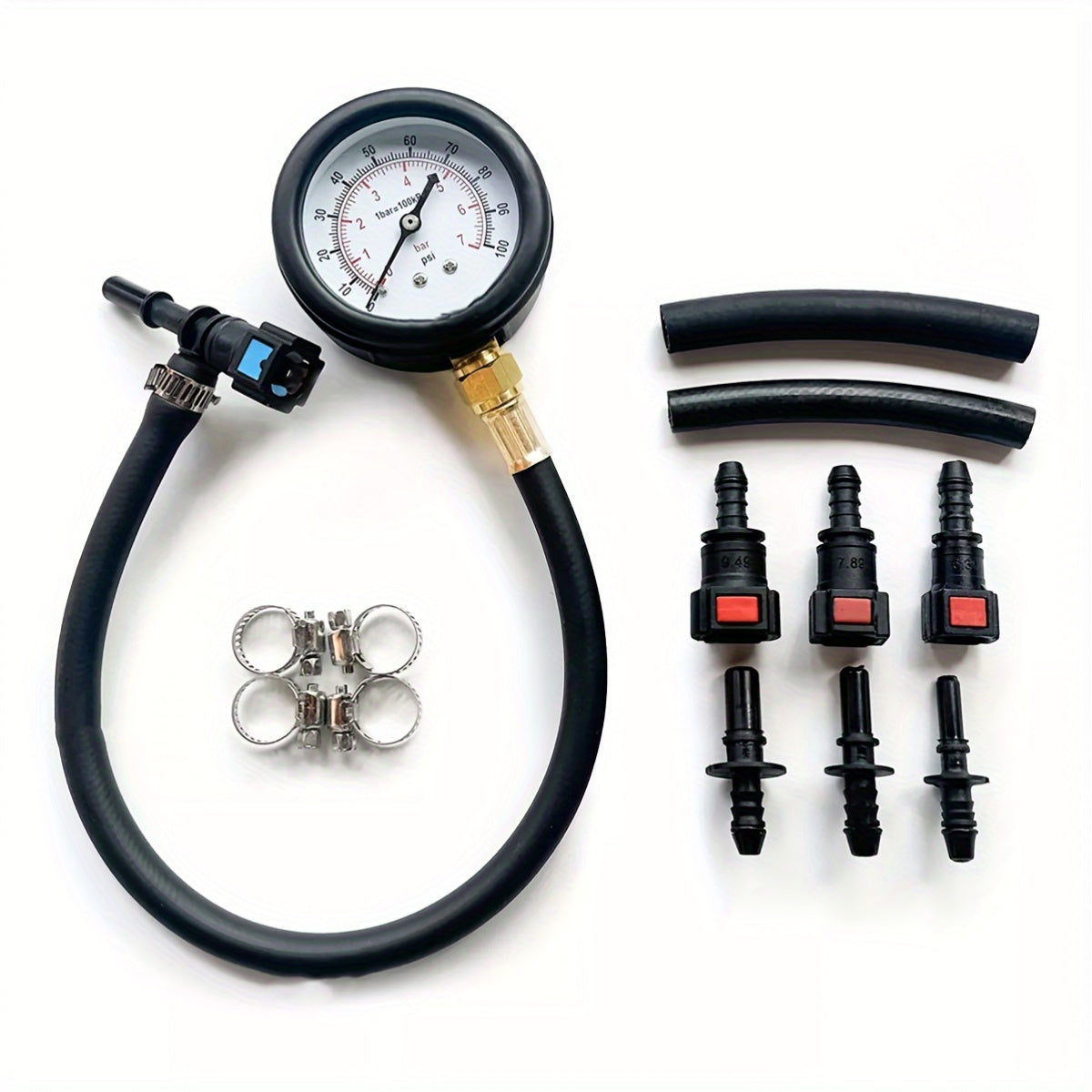 Fuel Pressure Test Kit for Car, Motorcycle, Truck with 3 size connectors, 0-100 PSI Gauge.