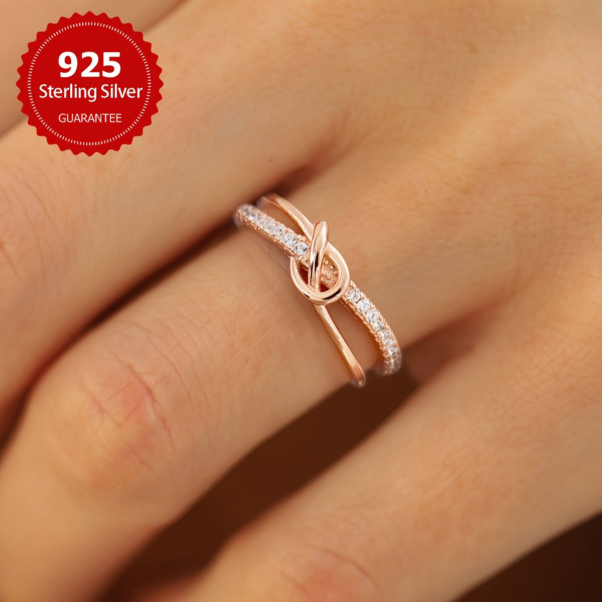 Elegant 925 Sterling Silver Double Knotted Ring with Rose Golden Plating and Synthetic Zirconia, a Luxurious Piece of Women's Jewelry Suitable for Daily Wear and Vacation. Makes for the Perfect Valentine's Day Gift.