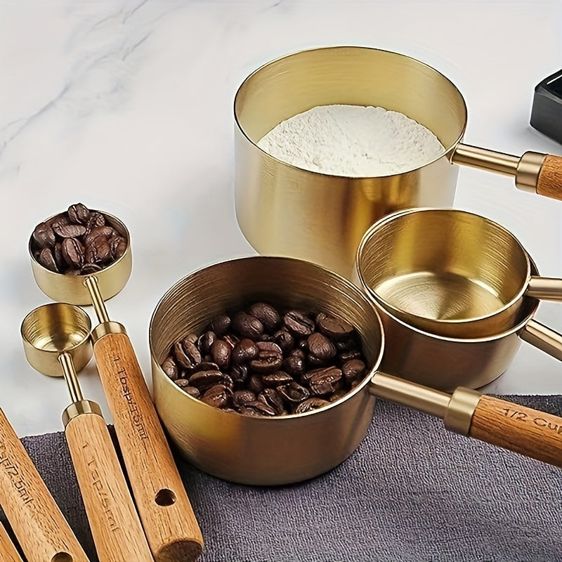 Set of 4 or 8 Stainless Steel Measuring Cups and Spoons with Wooden Handles - Ideal for Measuring Dry and Liquid Ingredients, Seasoning, Coffee, and Baking Essentials