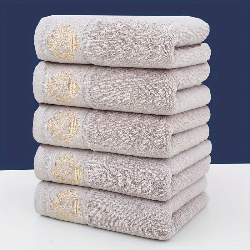 Contemporary monogrammed hand towels with embroidered character design, 5-pack. Quick-dry and absorbent, 390 GSM luxury towels for bathroom.