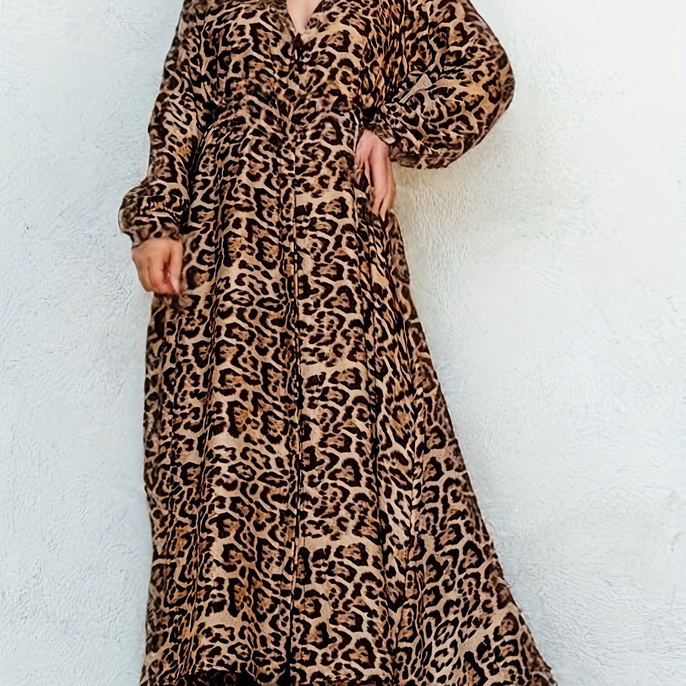 Leopard Print V-Neck Dress with Belt - Lightweight polyester, machine washable - Great for spring/summer/fall, plus size casual wear.