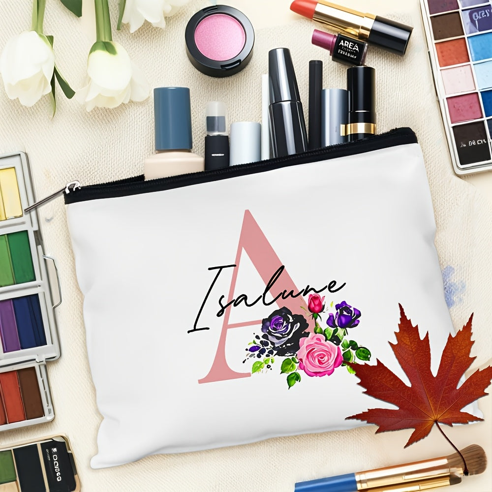 1 personalized cosmetic bag with custom name, versatile for toiletries, makeup, travel essentials, school supplies, and teacher or bachelor party gifts.