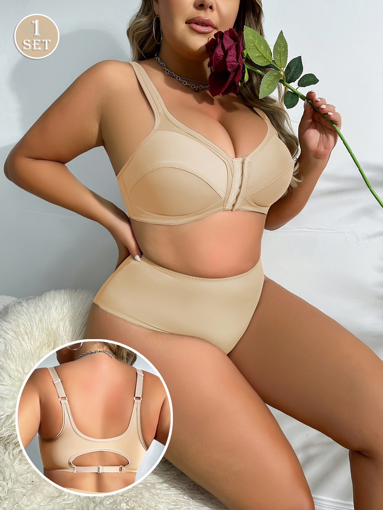 Front closure bra and panties set made of seamless, soft nylon blend for plus sizes. Solid color with stretch fit.