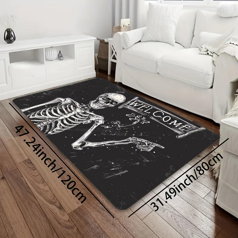 Skeleton Welcome Doormat - Machine Washable Polyester Flannel Indoor Mat with PVC Backing, Rectangle Textile Mat for Laundry, Bathroom, Kitchen, Living Room, Bedroom Entrance Decoration - Area Mat that is Washable