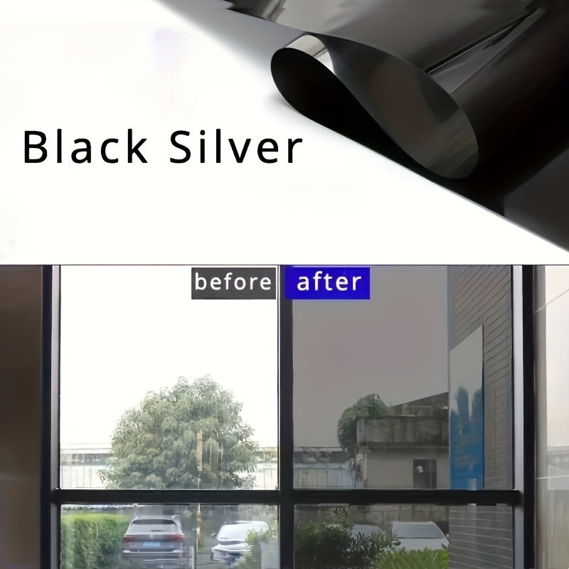 Premium mirror window film that provides privacy and blocks heat and UV rays, with one-way coloring during the day. Easy to apply stickers ideal for home and office use, made of