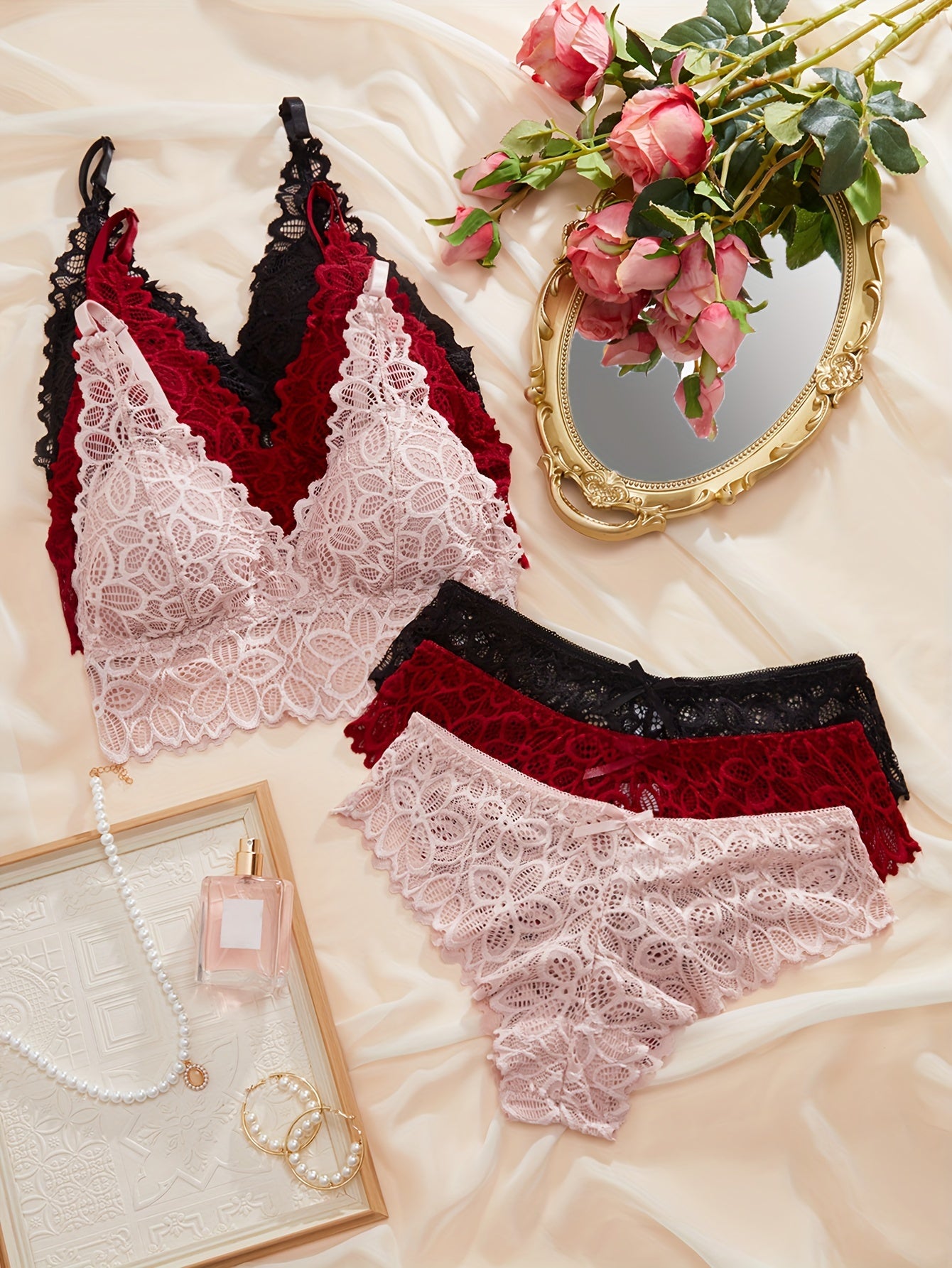 Valentine's Day lingerie sets featuring floral lace bras and panties, wireless and elastic designs for women.