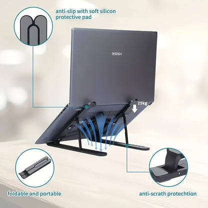 Adjustable laptop stand made of lightweight ABS material, with easy clip and foldable design. Fits 30.48-39.62 cm notebooks, provides enhanced cooling and comfort.