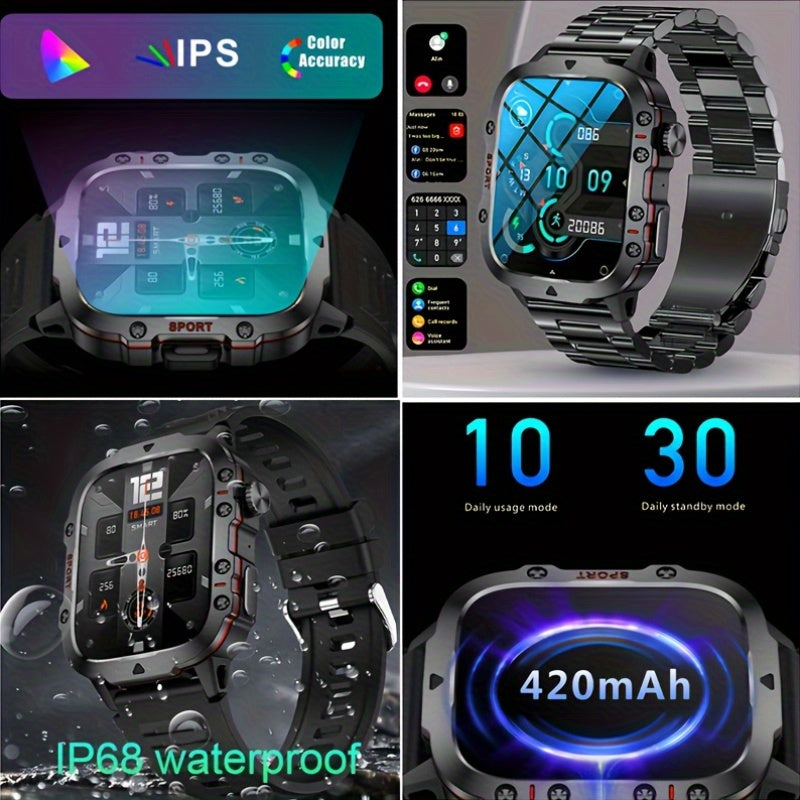 DAORKOW's new rugged smartwatch for men features wireless talk, sports fitness AI voice, 100+ outdoor sports modes, 4.98cm TFT screen, 8868 watch chip, 420mAh rechargeable battery, and